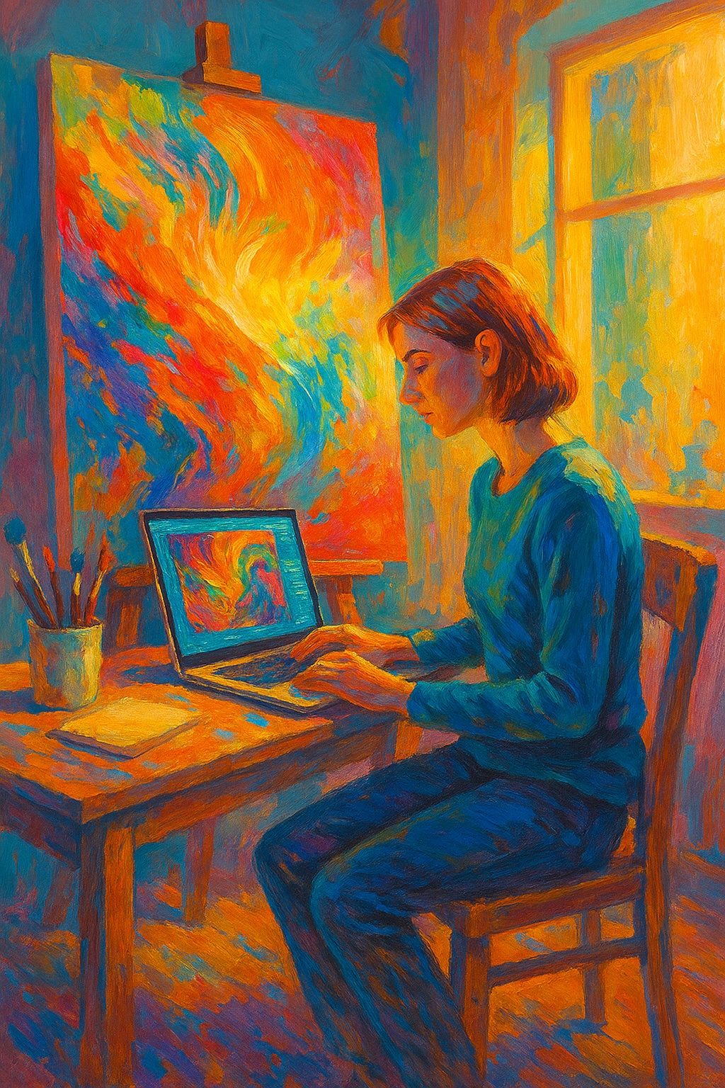 Female artist using a notebook to create vibrant digital art, transferring it onto a colorful expressionist canvas in a sunlit studio