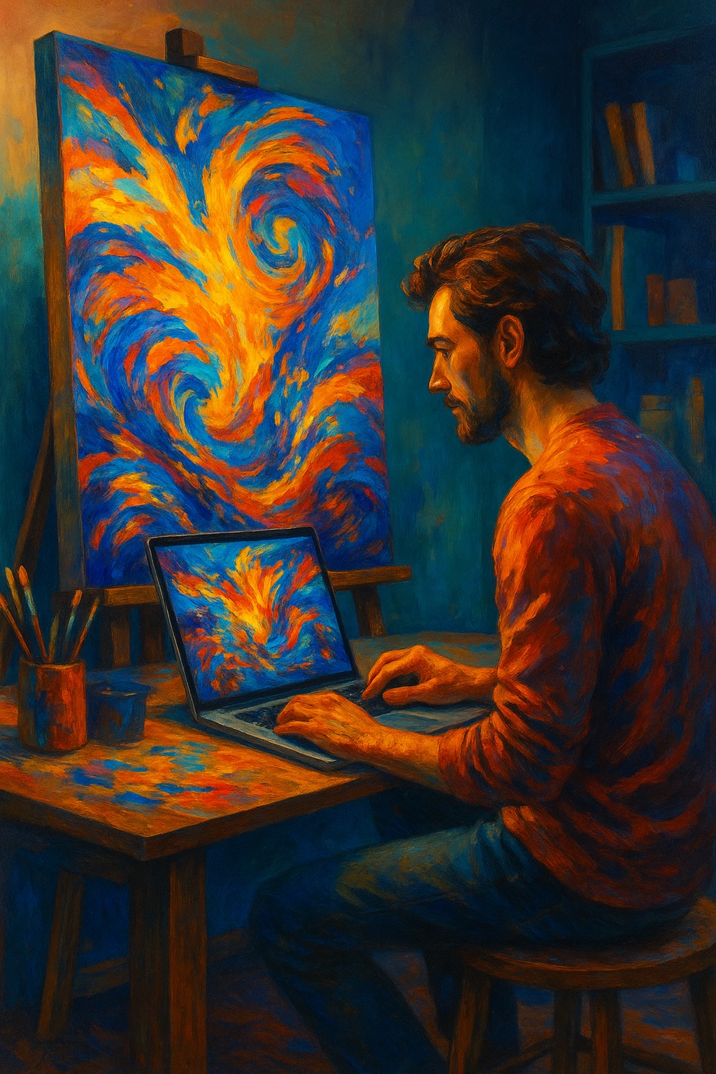 Artist using a notebook to create digital art with Deep Art Creator while painting a matching canvas in a vibrant, expressionist style