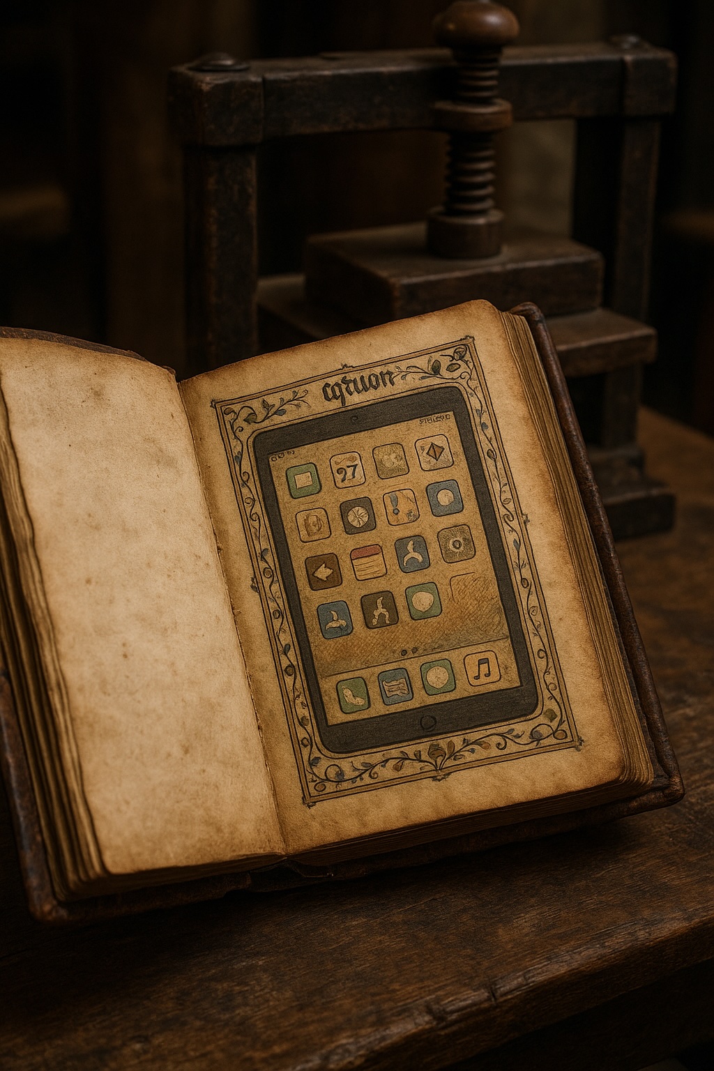 Concept image of an antique book showing an iPad-style app grid, symbolizing the fusion of ancient knowledge and modern technology