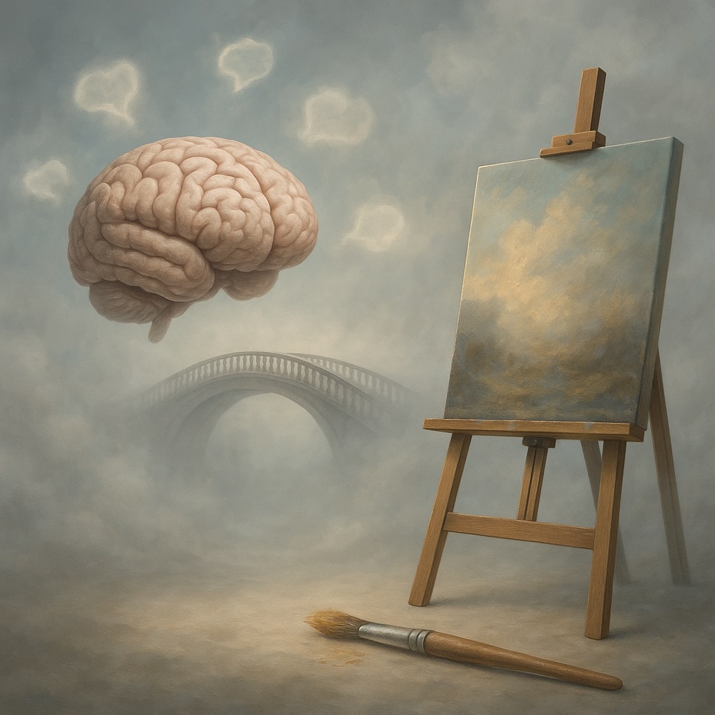 Surreal image of a floating brain near an easel with a cloudy sky painting; foggy bridge in the background symbolizes the link between thought and creativity
