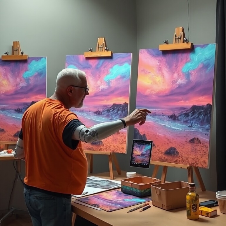 Artist with a robotic arm painting colourful landscapes, guided by a digital reference on a tablet, symbolising inclusive creativity and human–AI synergy