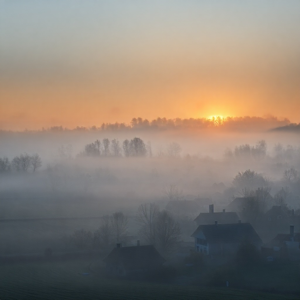 AI-generated sunrise landscape of a foggy village in the Hunsrück region, with trees and rooftops emerging from morning mist.