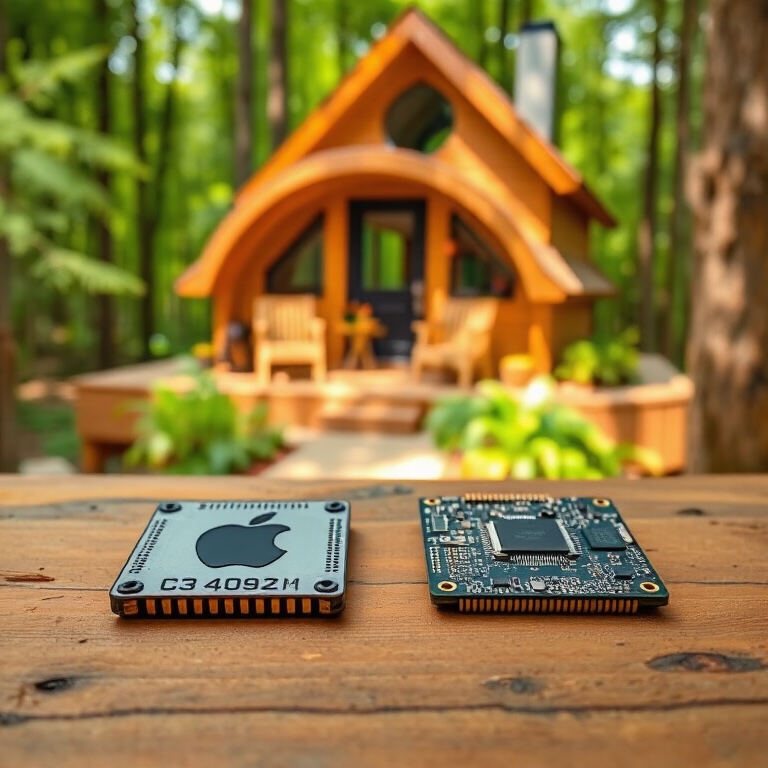 Side‑by‑side photo of an Apple M4 chip and a discrete GPU module on a wooden table in front of a forest cabin—symbolising edge computing and energy‑efficient AI