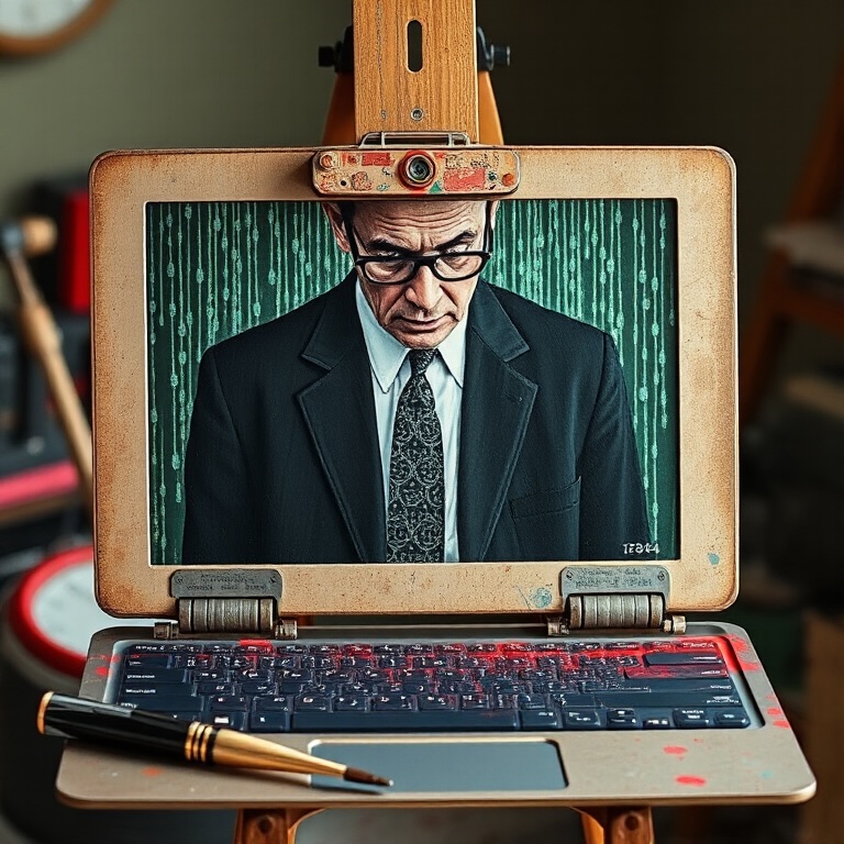 AI-generated artwork showing Orwell-style suited man displayed on a laptop-screen canvas, symbolizing digital surveillance and creativity, unfiltered AI art