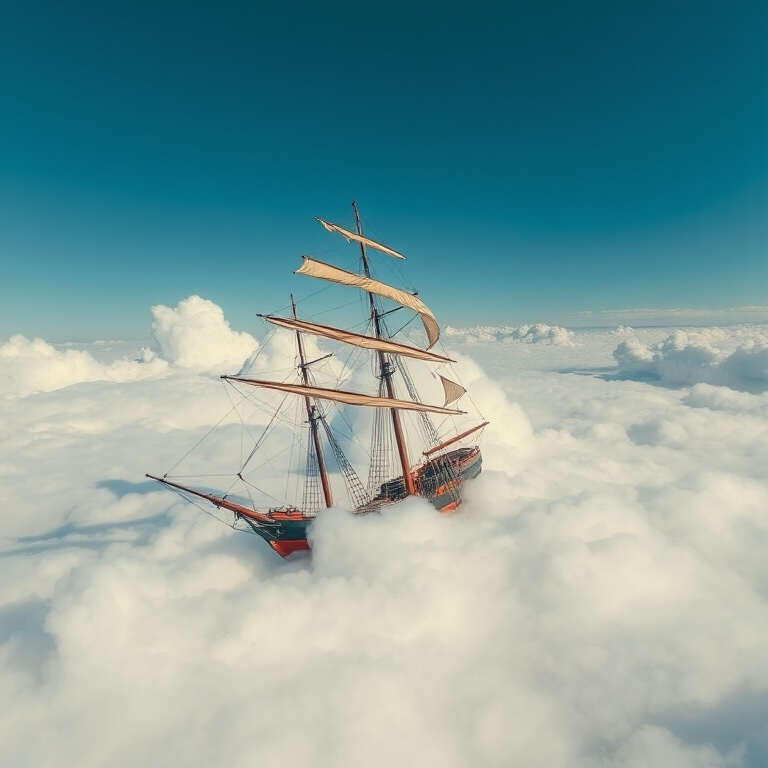 Concept image of an old sailing ship stranded in the clouds, symbolizing data loss, cloud dependency, or digital disruption