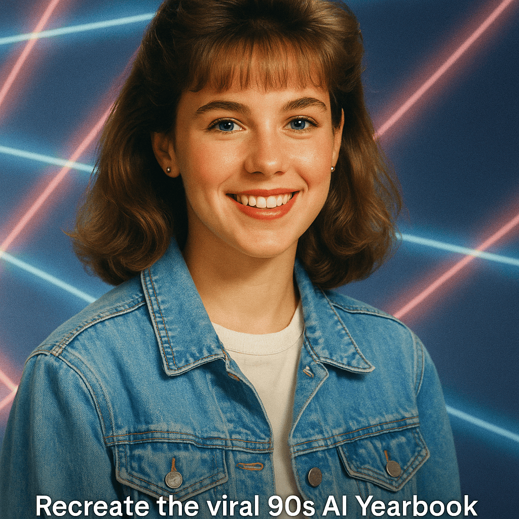 AI-generated 90s yearbook photo created offline with Deep Art Creator Pro — retro neon backdrop, vintage outfit, and nostalgic portrait style