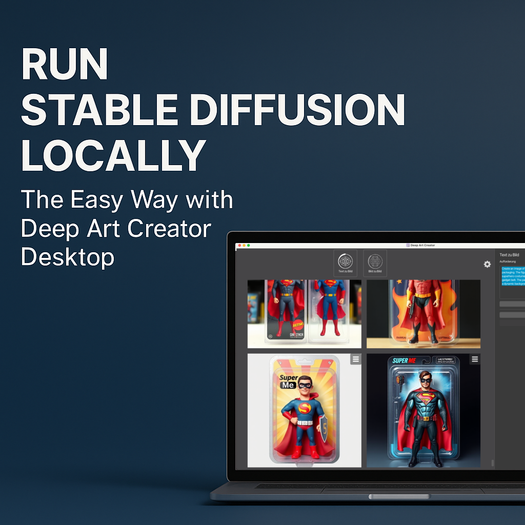 Screenshot of the Deep Art Creator Desktop interface displayed on a laptop, showing Stable Diffusion image generation results and an intuitive offline AI workflow.