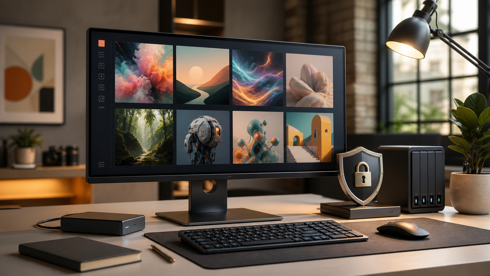 Local AI image generation workstation with privacy and storage symbols
