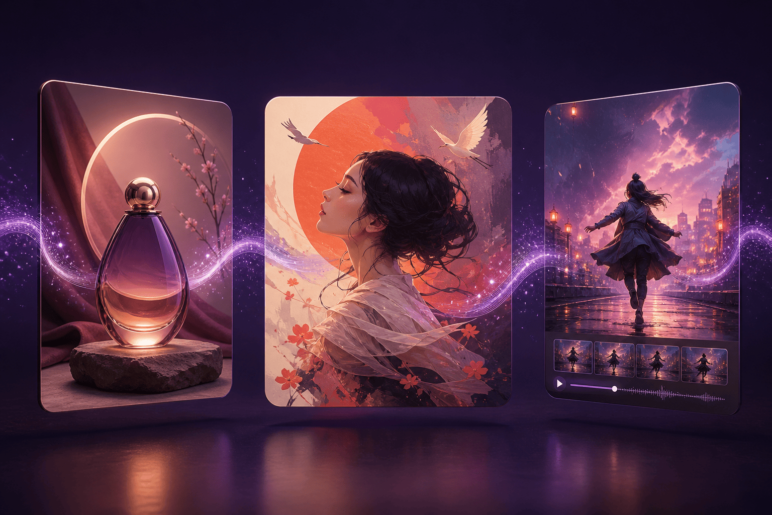Triptych showing a stylized product image, an illustrated portrait and a cinematic motion-design interface created with Deep Art AI.