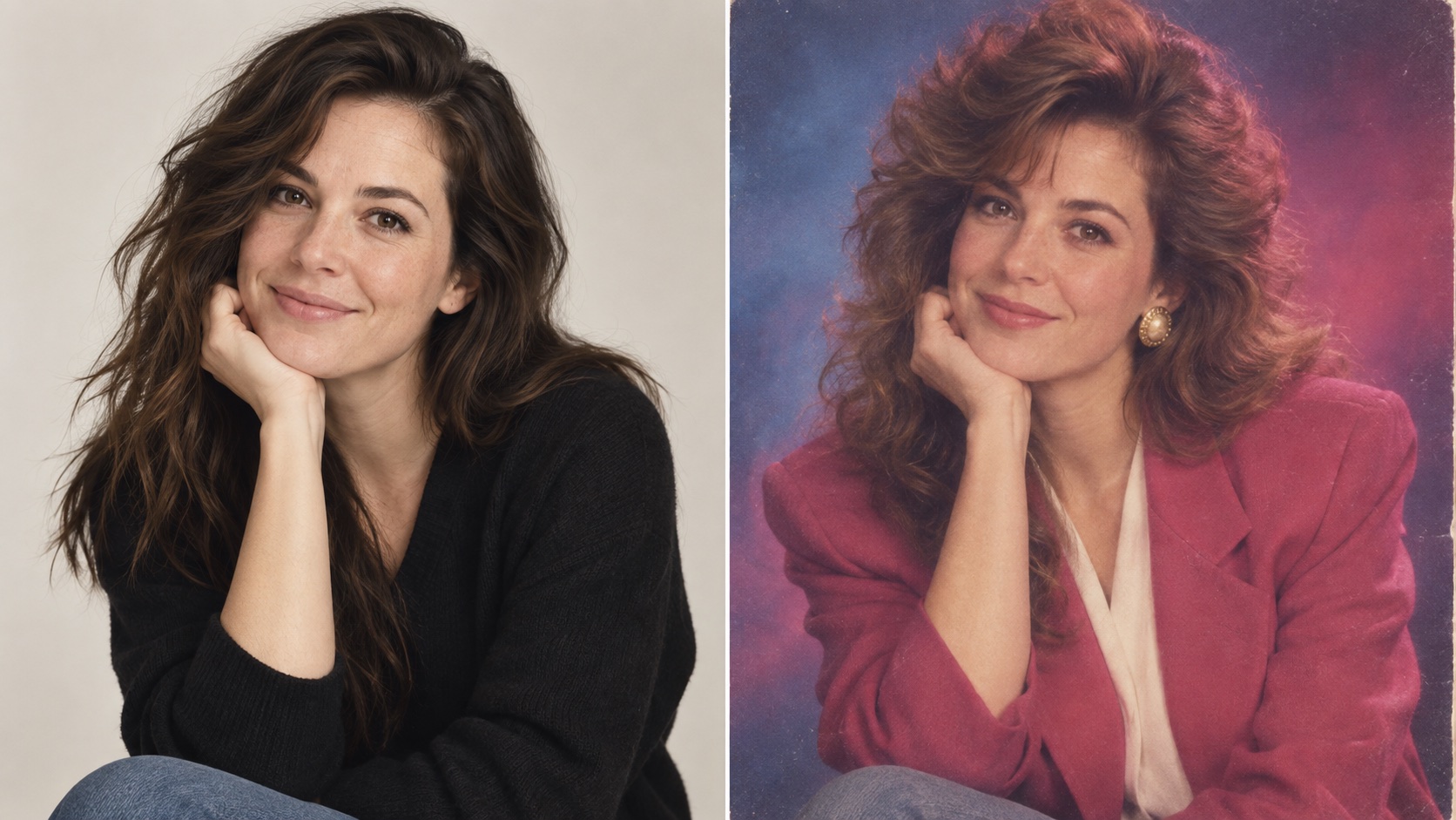 A contemporary portrait beside a fictional 1985 studio version of the same person.
