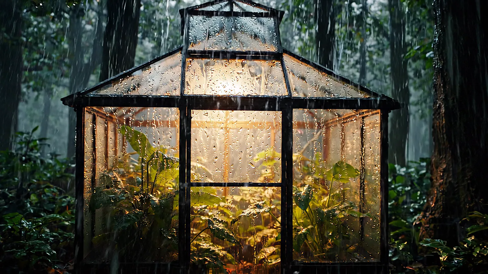A warmly lit glass greenhouse surrounded by a dark, rain-soaked forest.