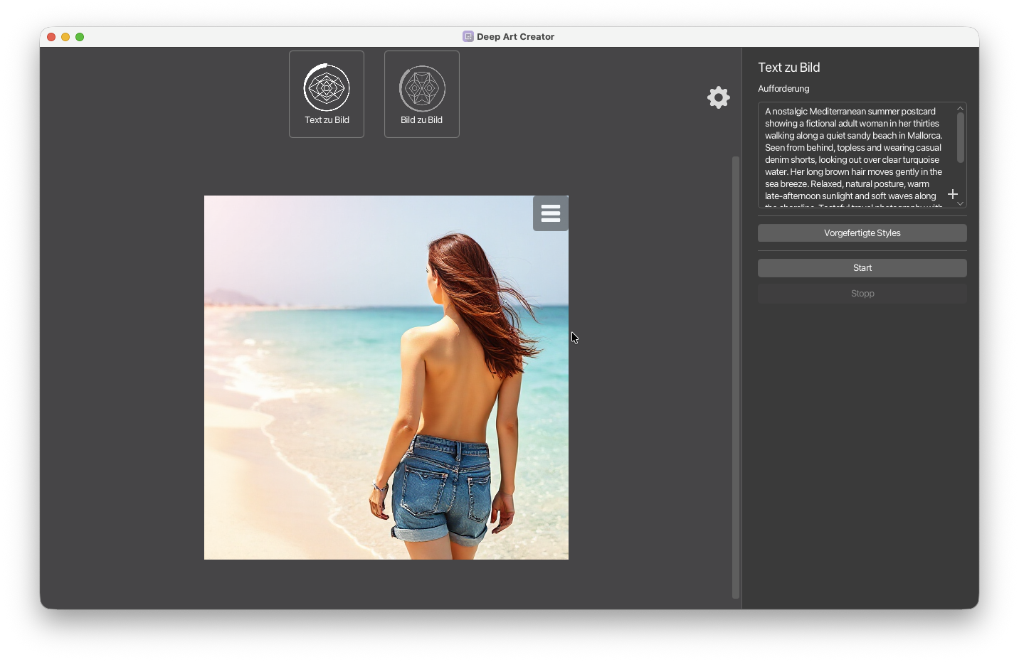 Deep Art Creator displaying a generated beach scene of an adult woman seen from behind, with a bare back and denim shorts.