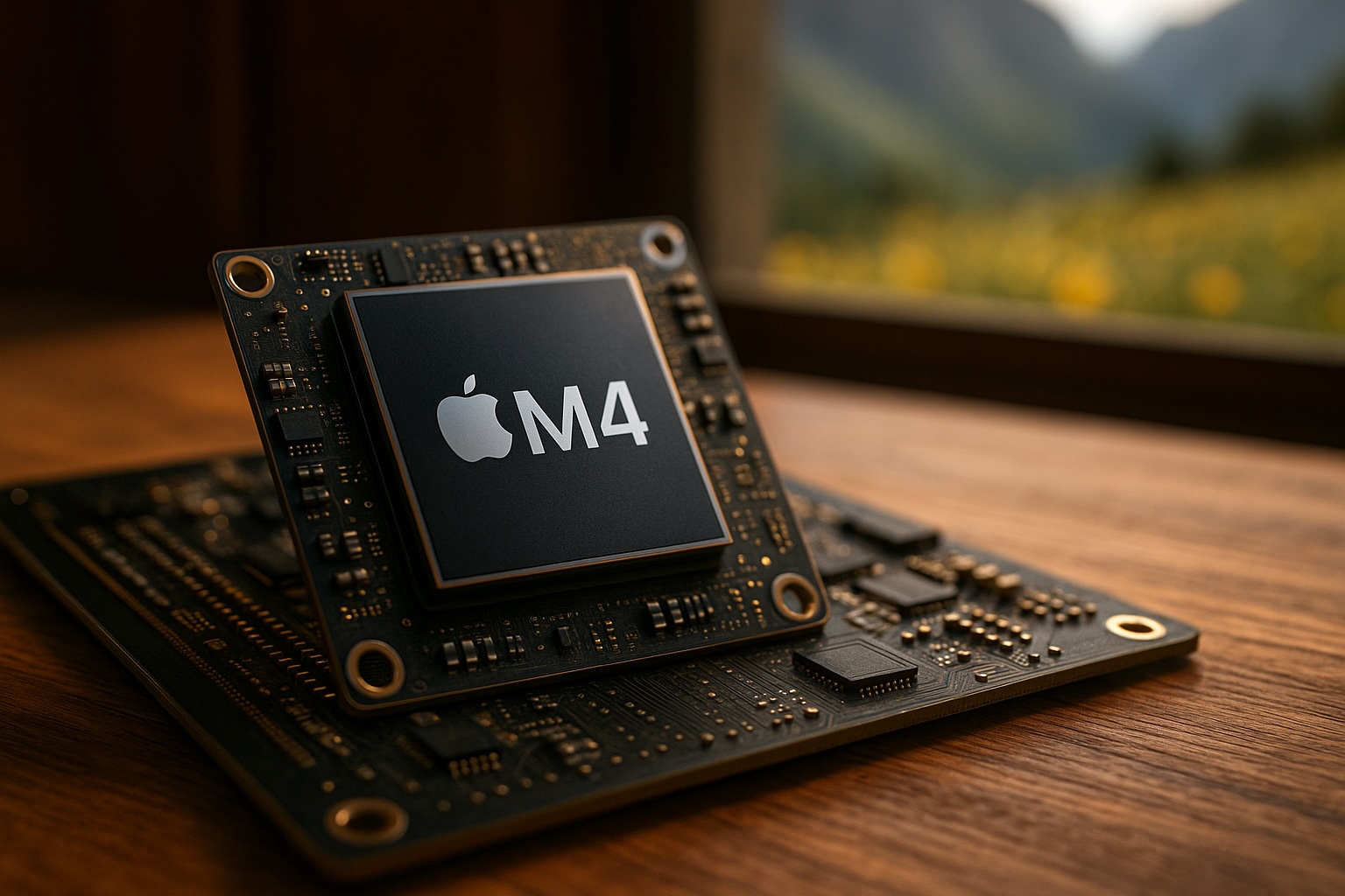 Close-up of Apple M4 chip on a motherboard, sunlit mountain backdrop