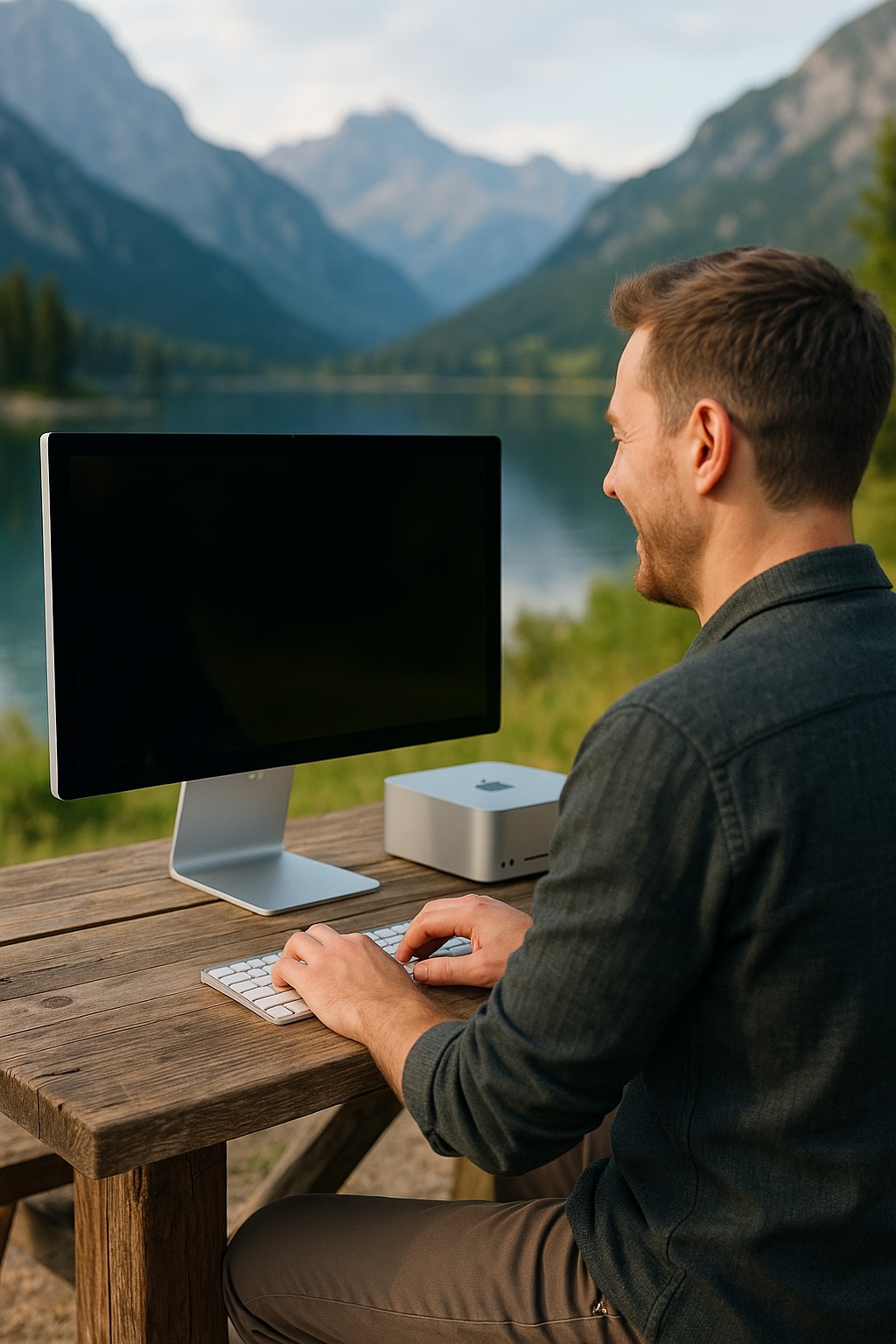 Freelancer using Apple Studio Display and Mac Studio beside an alpine lake