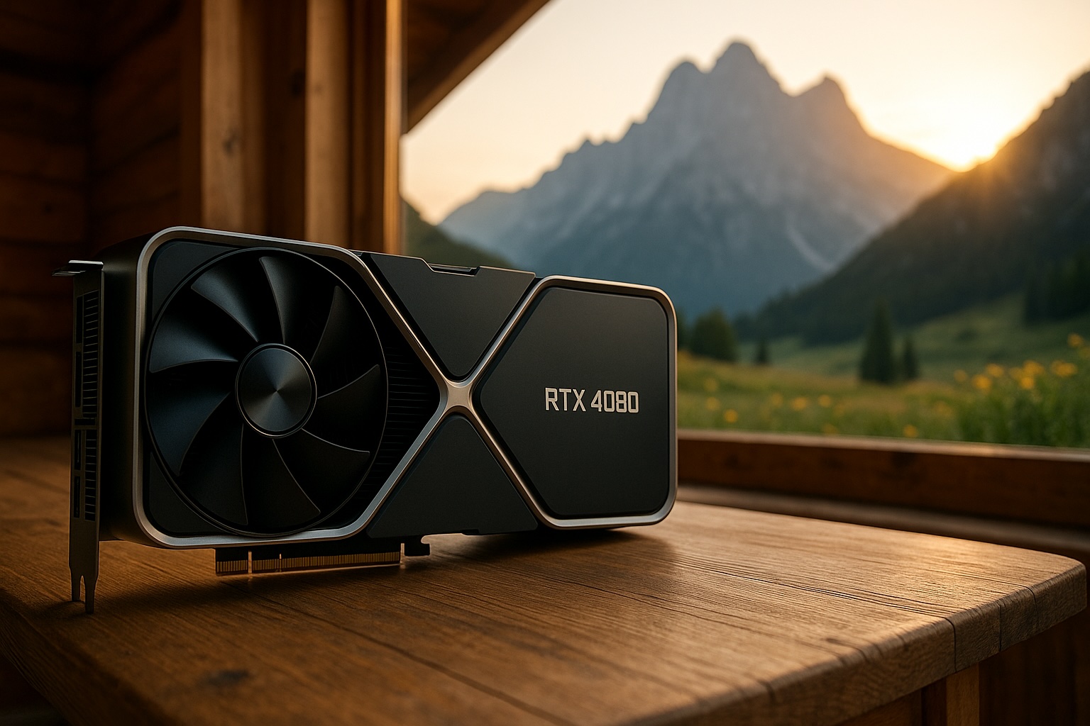 NVIDIA RTX GPU on a wooden desk in a mountain hut